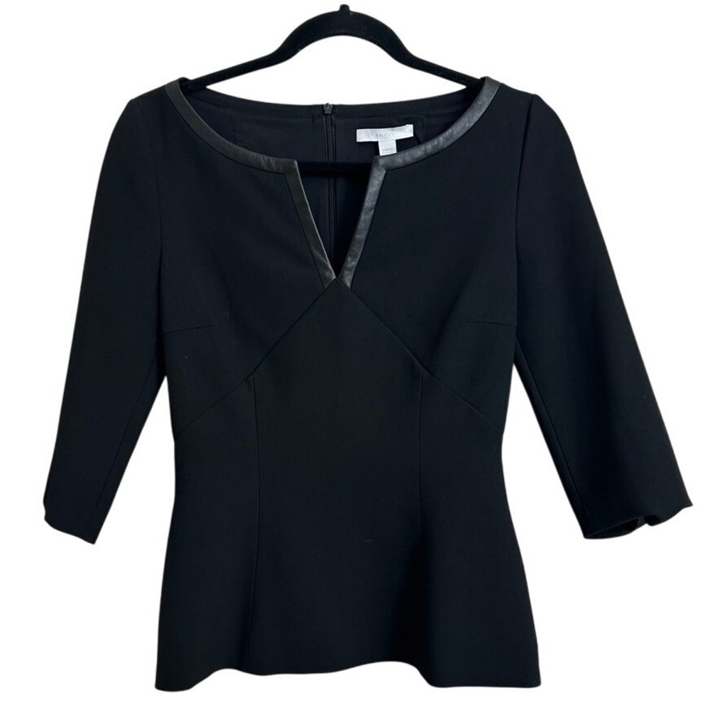 BOSS Hugo Boss Black Leather Trim V-Neck Peplum Top 3/4 Sleeve Size 2‎